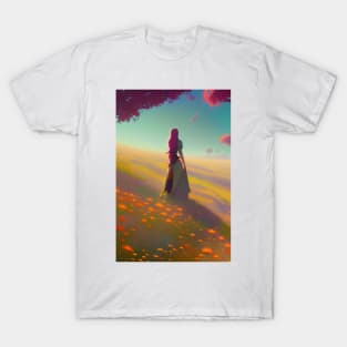 Adorable Anime Girl in Field of Red Flowers & Trees - Future T-Shirt